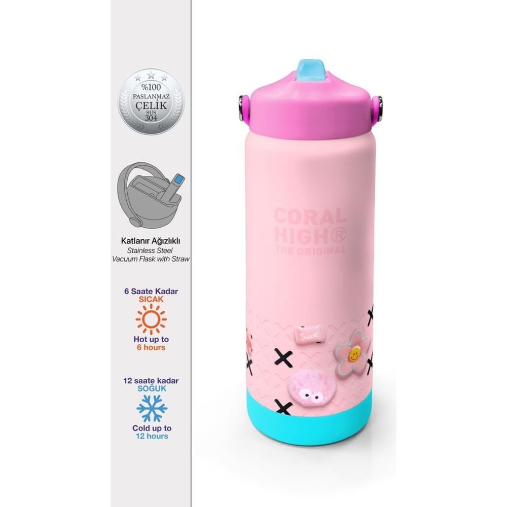 Coral High Pembe Şeker Desenli Katlanır Ağızlıklı Çelik Termos 650 ml 38349