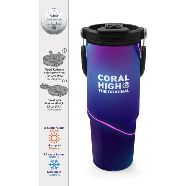 Coral High Renkli Desenli Pipetli ve Direkt İçim Çelik Termos 900 ml 38735