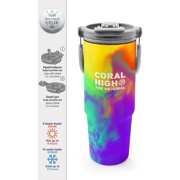Coral High Renkli Desenli Pipetli ve Direkt İçim Çelik Termos 900 ml 38738