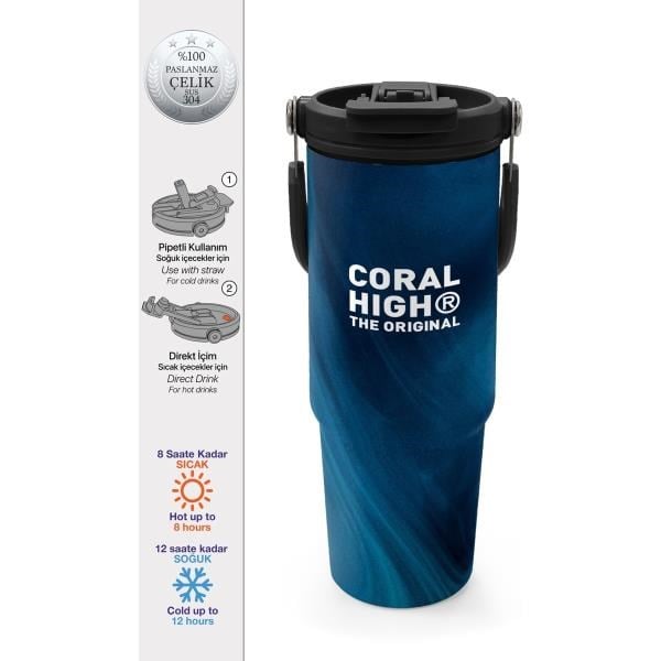 Coral High Renkli Desenli Pipetli ve Direkt İçim Çelik Termos 900 ml 38736