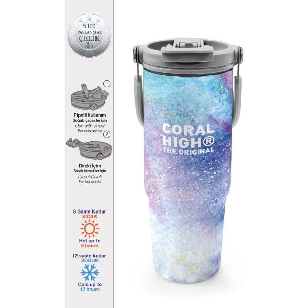 Coral High Renkli Desenli Pipetli ve Direkt İçim Çelik Termos 900 ml 38740