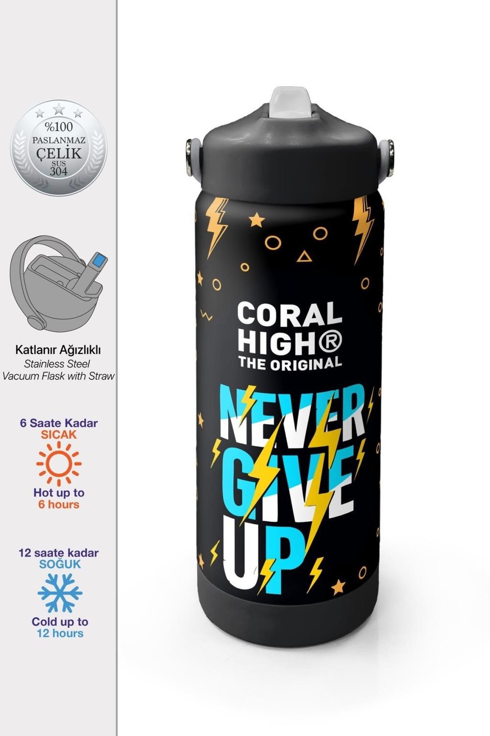 Coral High Siyah Never Give Up Desenli Katlanır Ağızlıklı Çelik Termos 650 ml 38320