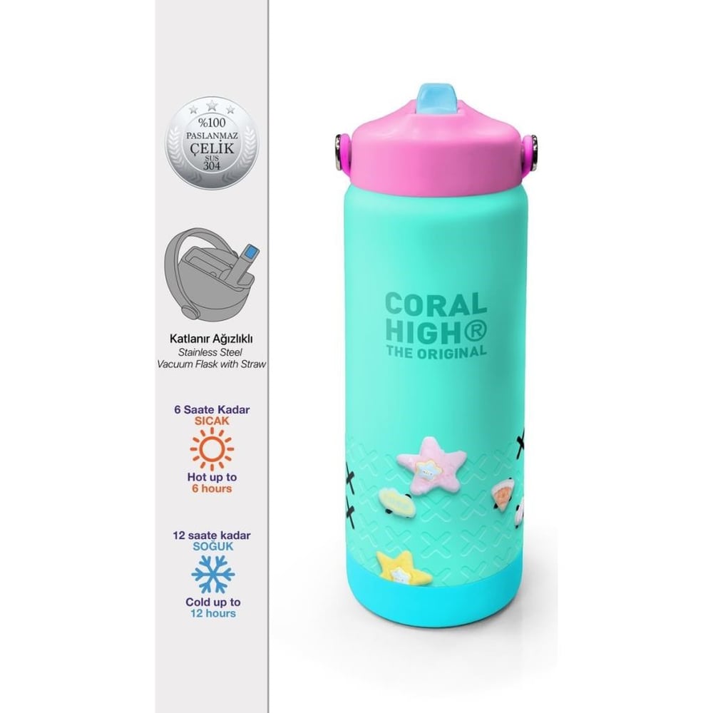 Coral High Su Yeşili Desenli Katlanır Ağızlıklı Çelik Termos 650 ml 38351