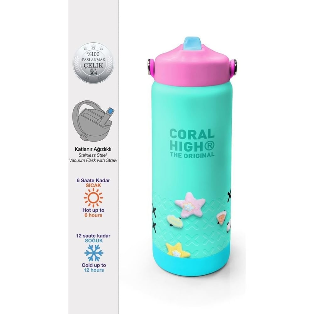 Coral High Su Yeşili Desenli Katlanır Ağızlıklı Çelik Termos 650 ml 38351
