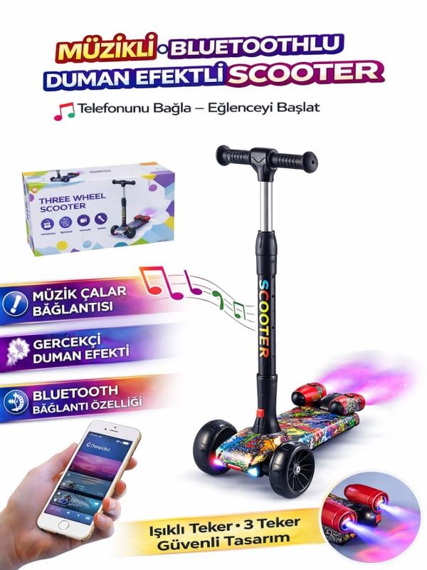 CToy 3 Tekerlekli Duman Efektli Bluetoothlu LED Işıklı Müzikli Çocuk Scooter (3-9 Yaş) – Kırmızı Grafiti