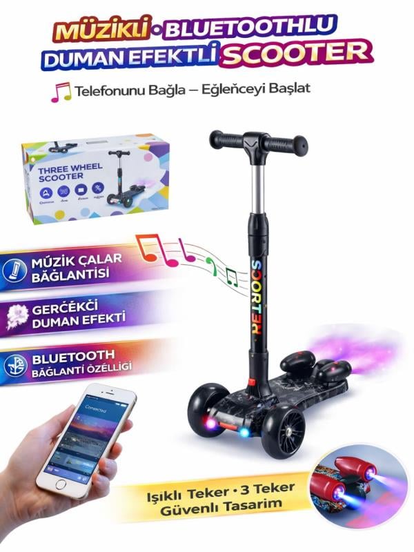 CToy 3 Tekerlekli Duman Efektli Bluetoothlu LED Işıklı Müzikli Çocuk Scooter (3-9 Yaş) – Siyah Mermer