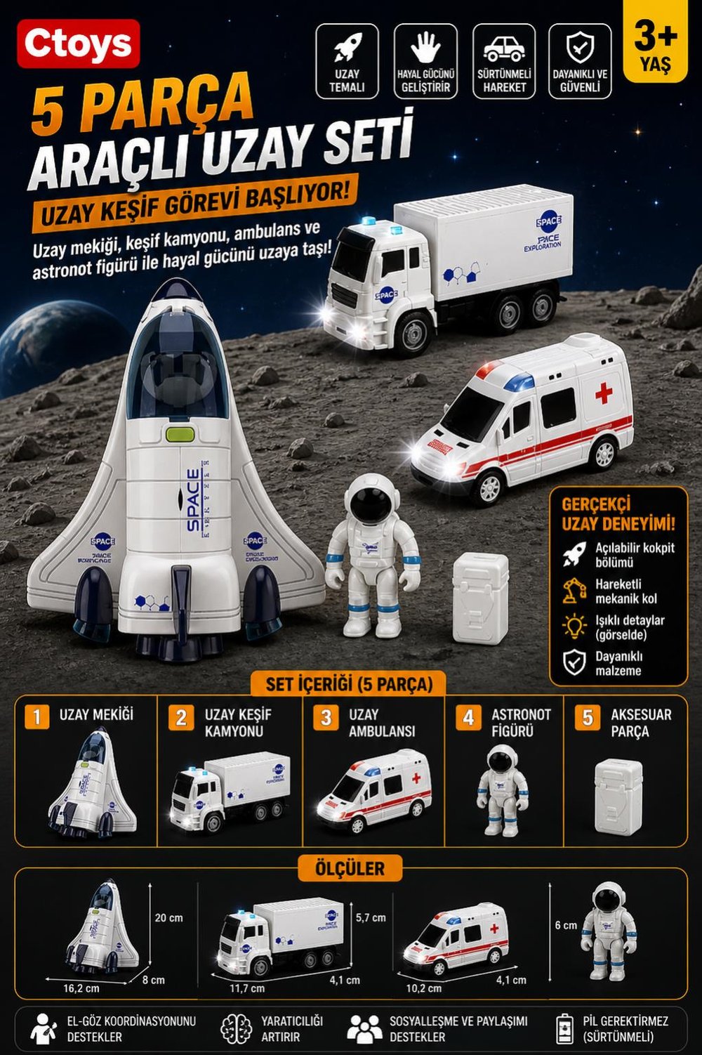 CTOY 5 Parça Araçlı Uzay Seti – Uzay Mekiği, Kamyon, Ambulans ve Astronot Oyun Seti (CTOY-261A-1)