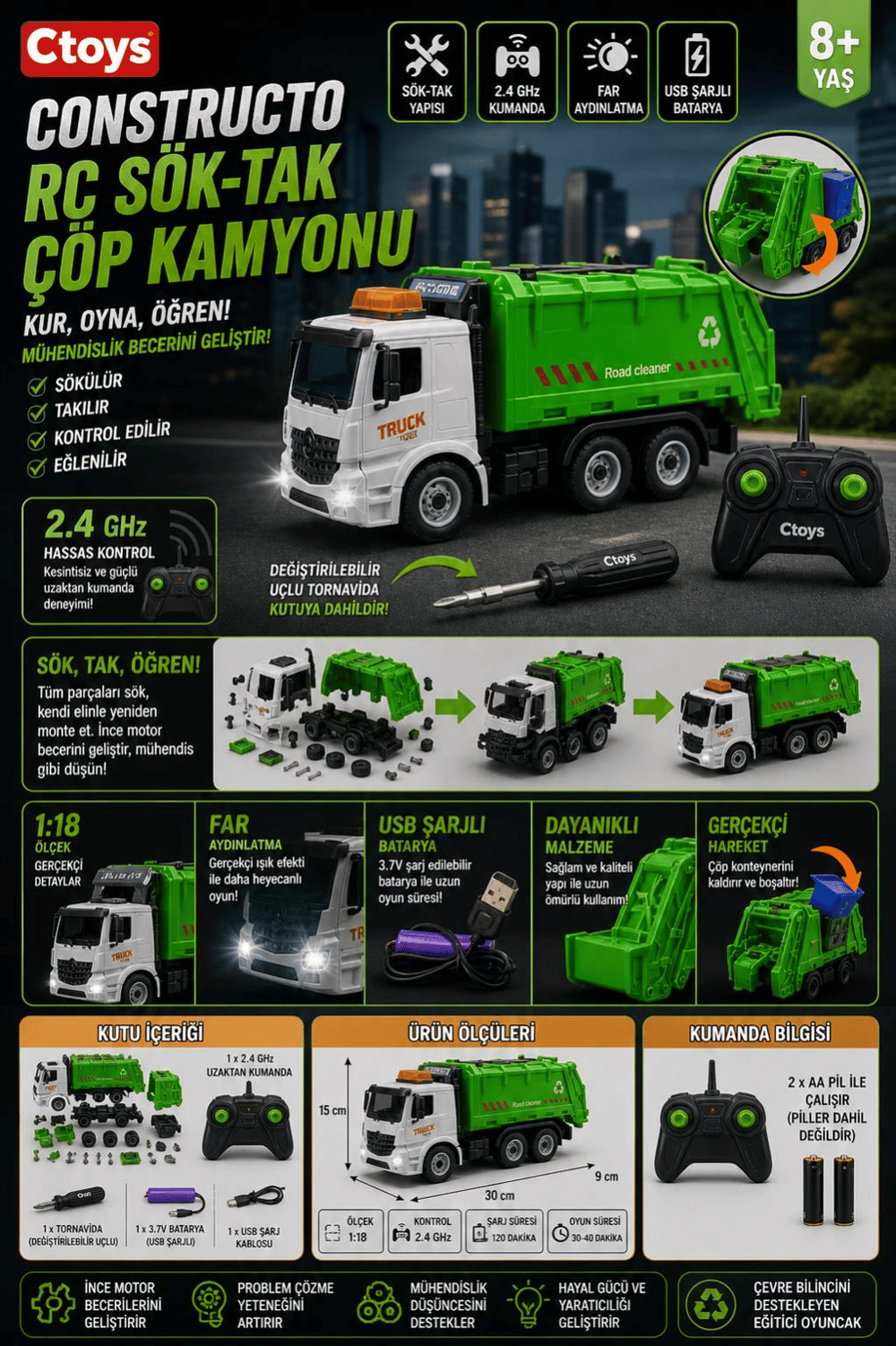 Ctoy Constructo RC Sök-Tak Çöp Kamyonu – USB Şarjlı 1:18 Mühendislik Oyuncak + 2.4 GHz Kumanda