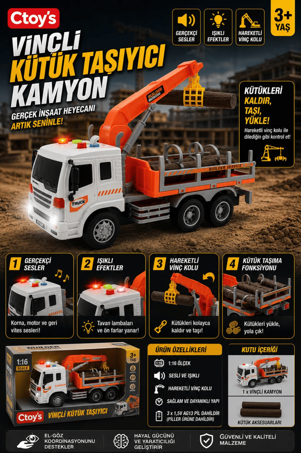 Ctoy Oyuncak Sesli, ışıklı ve Pilli Vinçli Kütük Taşıyıcı - CTOY-WY300F