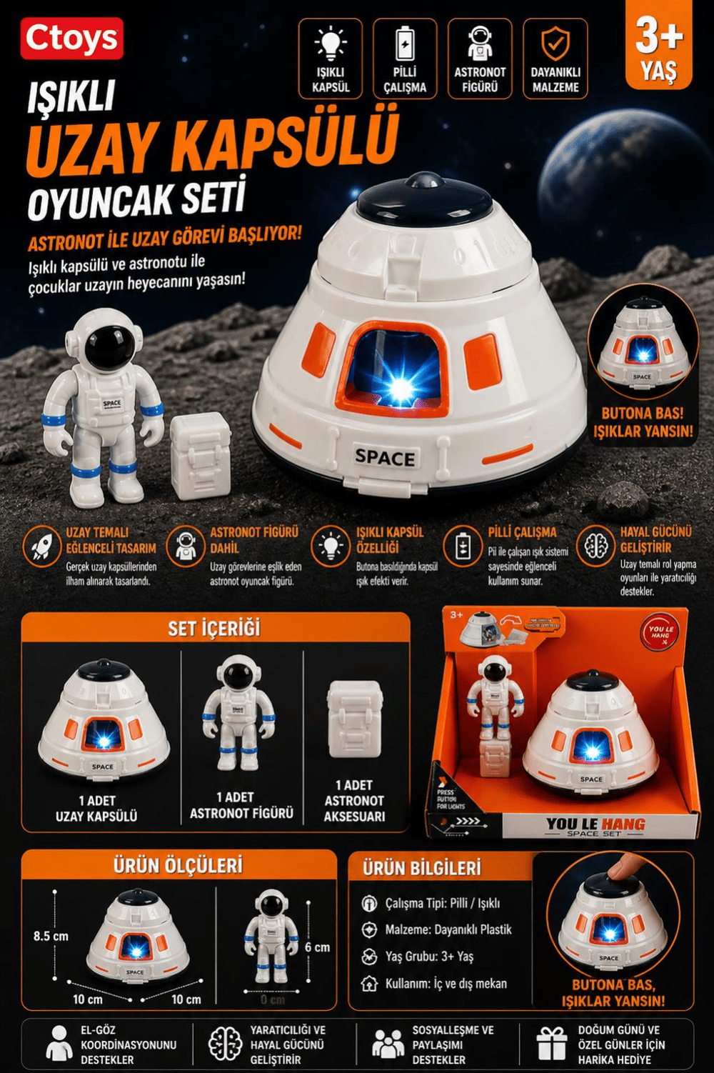 Ctoys Işıklı Uzay Kapsülü Oyuncak Seti – Astronot Figürlü, Pilli Uzay Aracı Oyuncak (3+ Yaş)