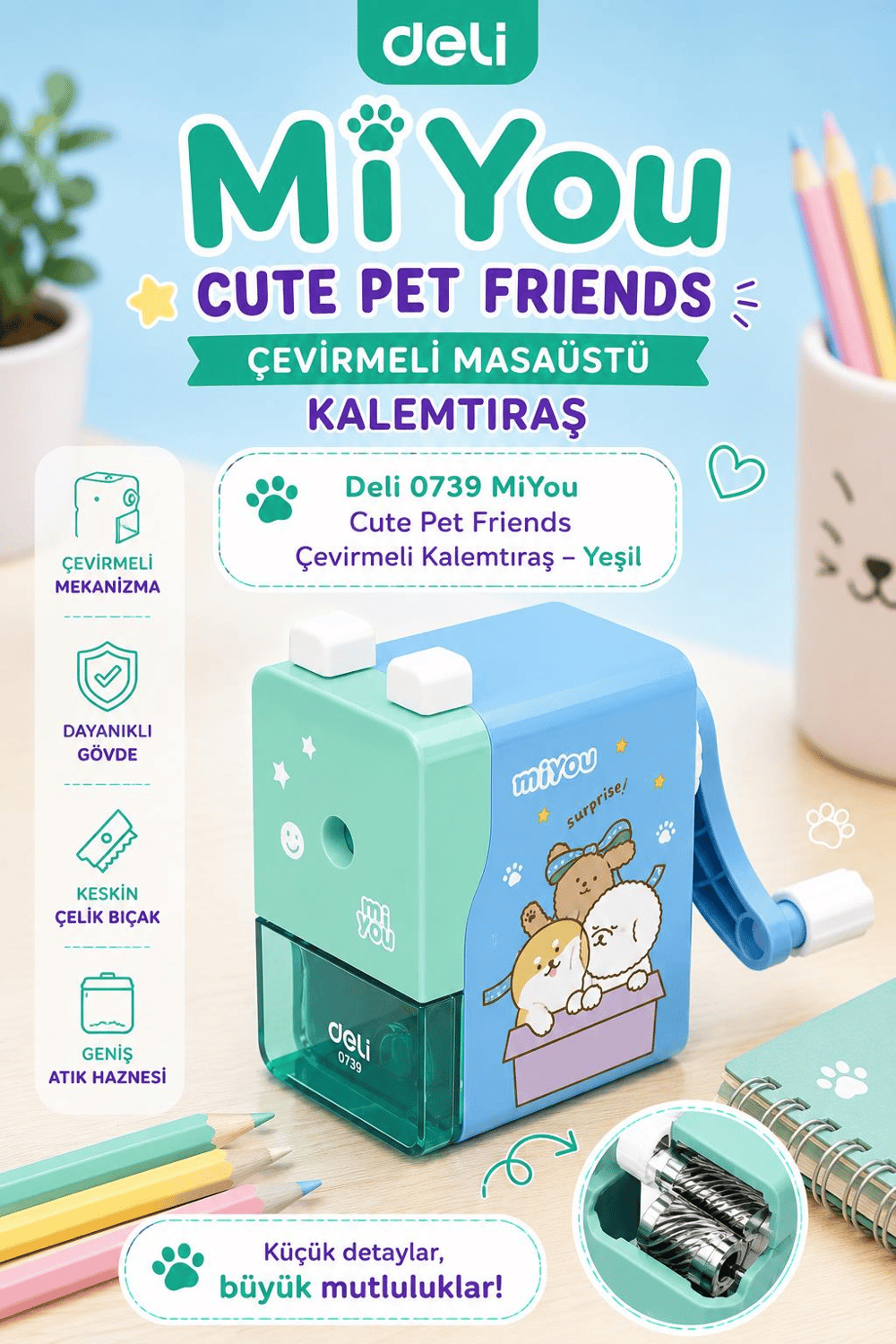 Deli 0739 MiYou Cute Pet Friends Çevirmeli Kalemtıraş – Mavi