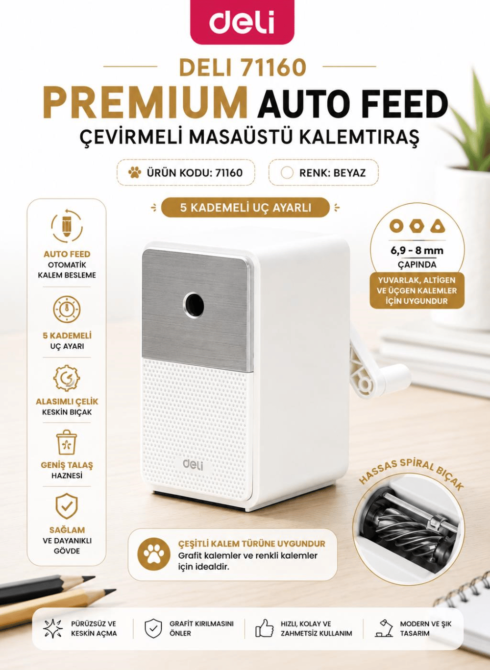 Deli 71160 Premium Auto Feed Çevirmeli Masaüstü Kalemtıraş Beyaz | 5 Kademe Uç Ayarlı
