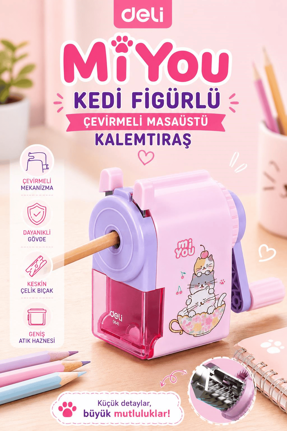 Deli E0641 MiYou Kedi Figürlü Çevirmeli Masaüstü Kalemtıraş - Pembe