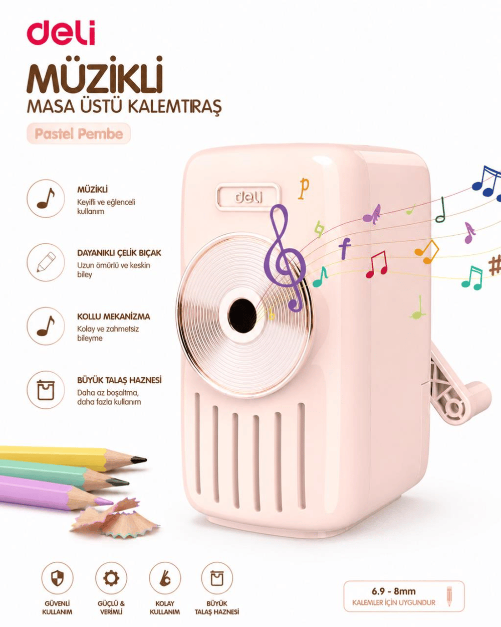 Deli Masa Üstü Müzikli Pastel Pembe Kalemtraş