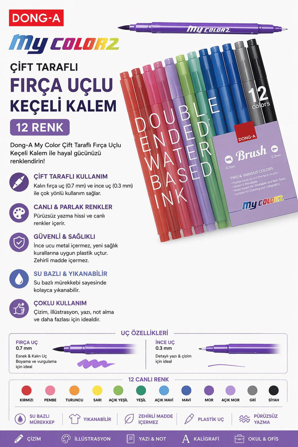 Dong A My Color Çift Taraflı Fırça Uçlu Keçeli Fosforlu Kalem 12 Renk