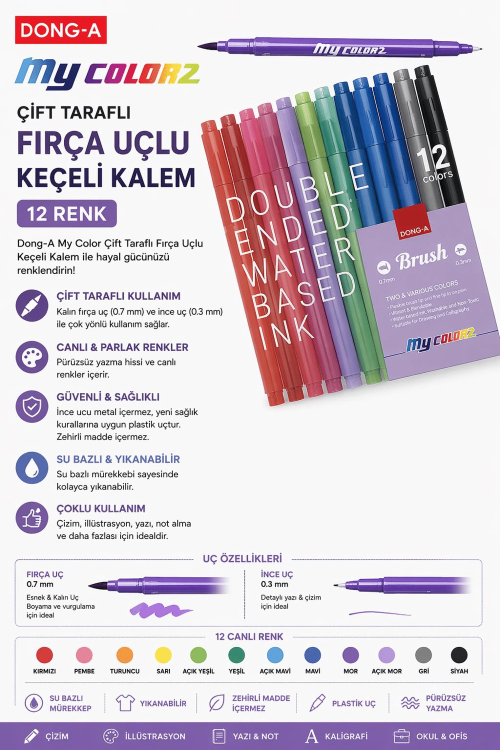 Dong A My Color Çift Taraflı Fırça Uçlu Keçeli Fosforlu Kalem 12 Renk