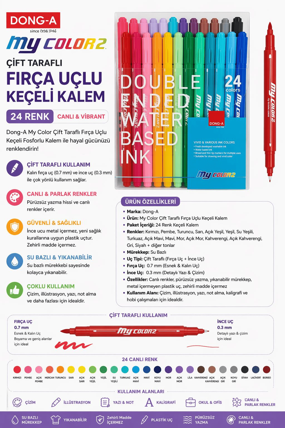 Dong-A My Color Çift Taraflı Fırça Uçlu Keçeli Fosforlu Kalem 24 Renk