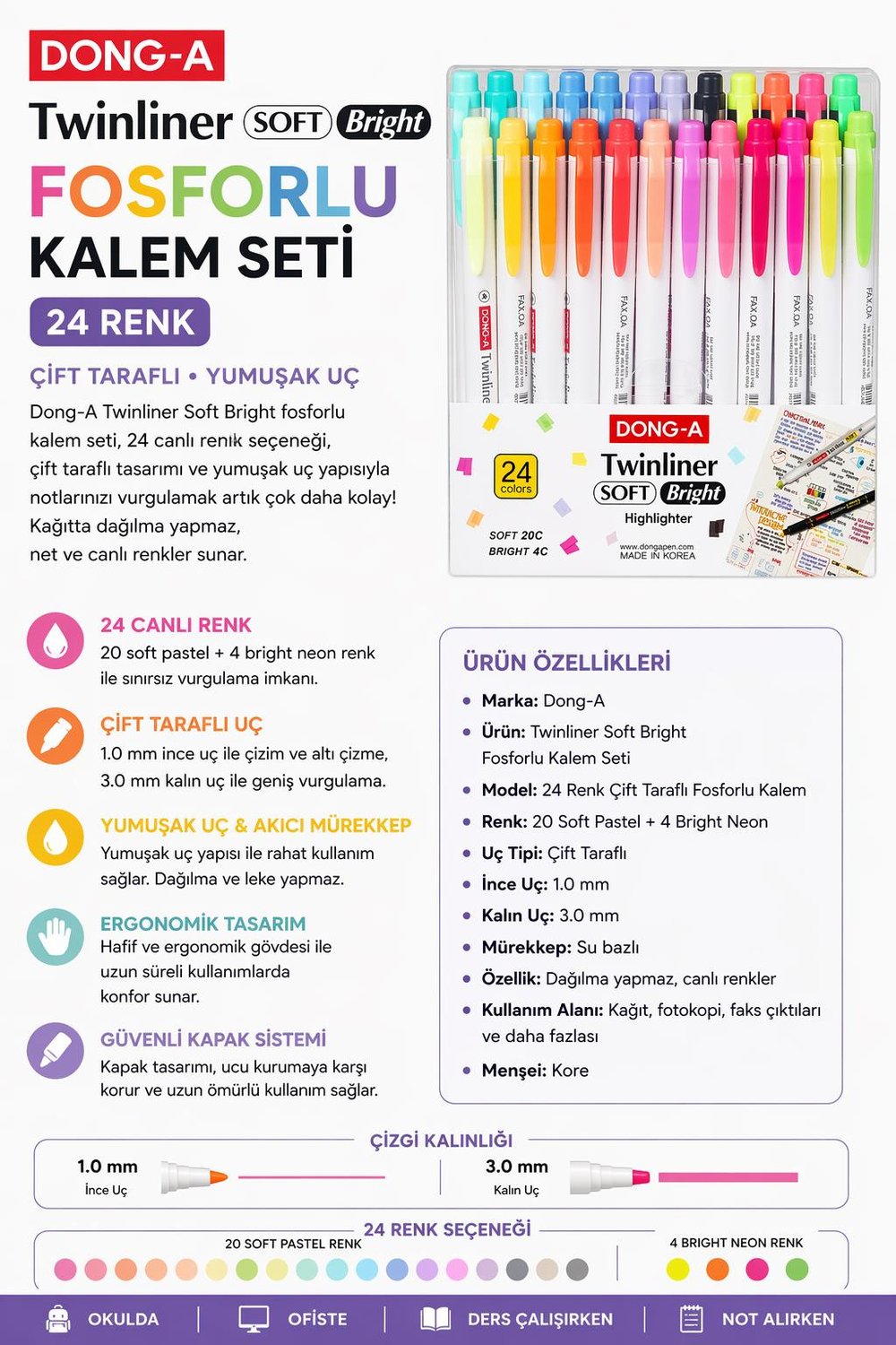 Dong-A Twinliner Soft Bright 24 Renk Çift Taraflı Fosforlu Kalem