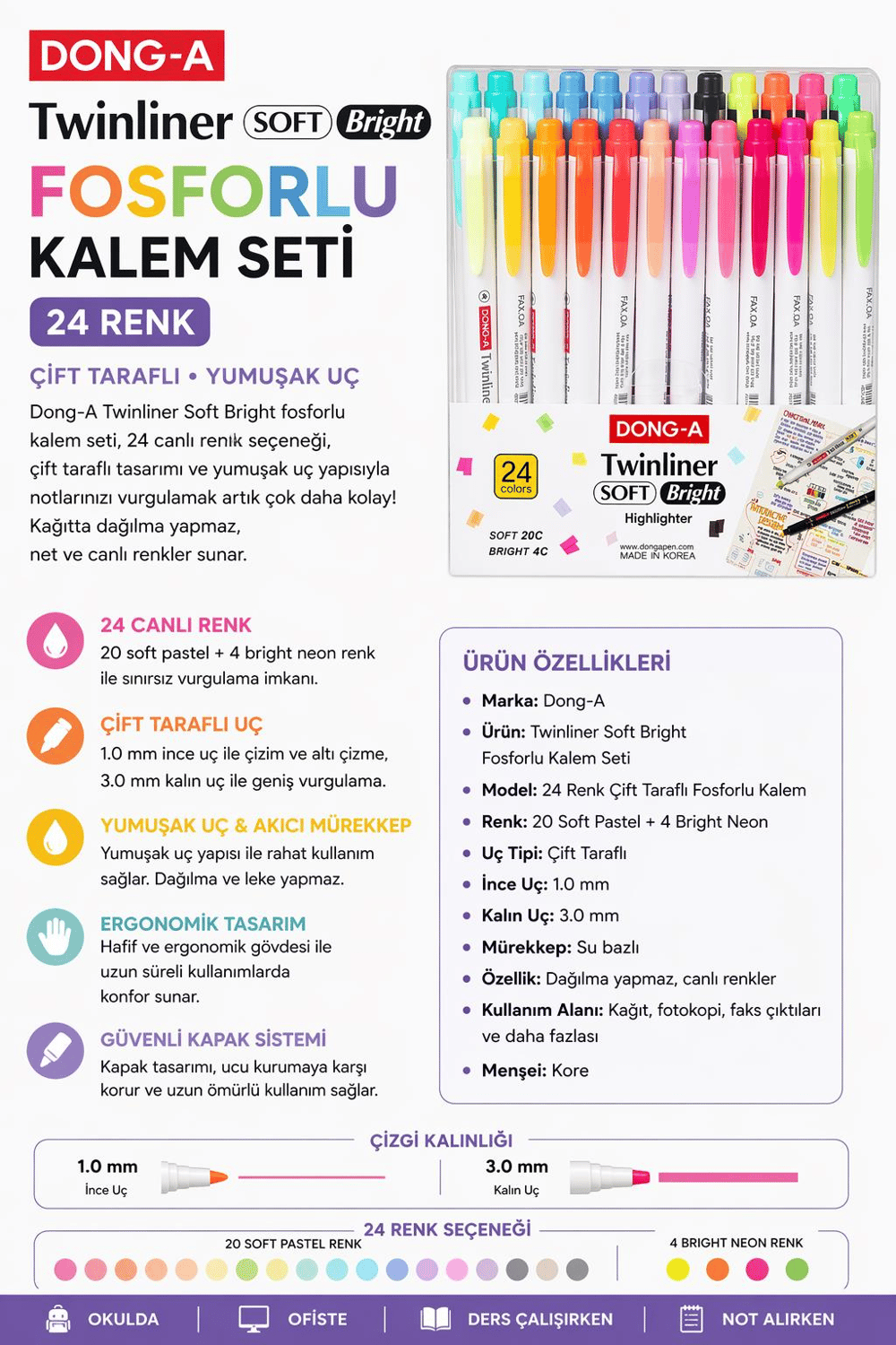 Dong-A Twinliner Soft Bright 24 Renk Çift Taraflı Fosforlu Kalem