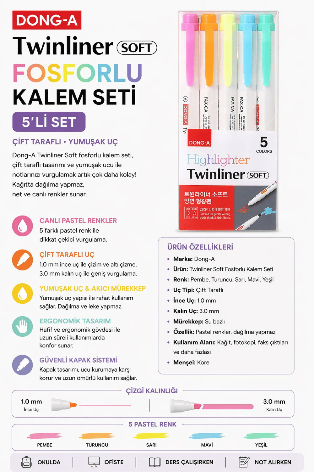 Dong-A Twinliner Soft Fosforlu Kalem Çift Taraflı 5 li Set