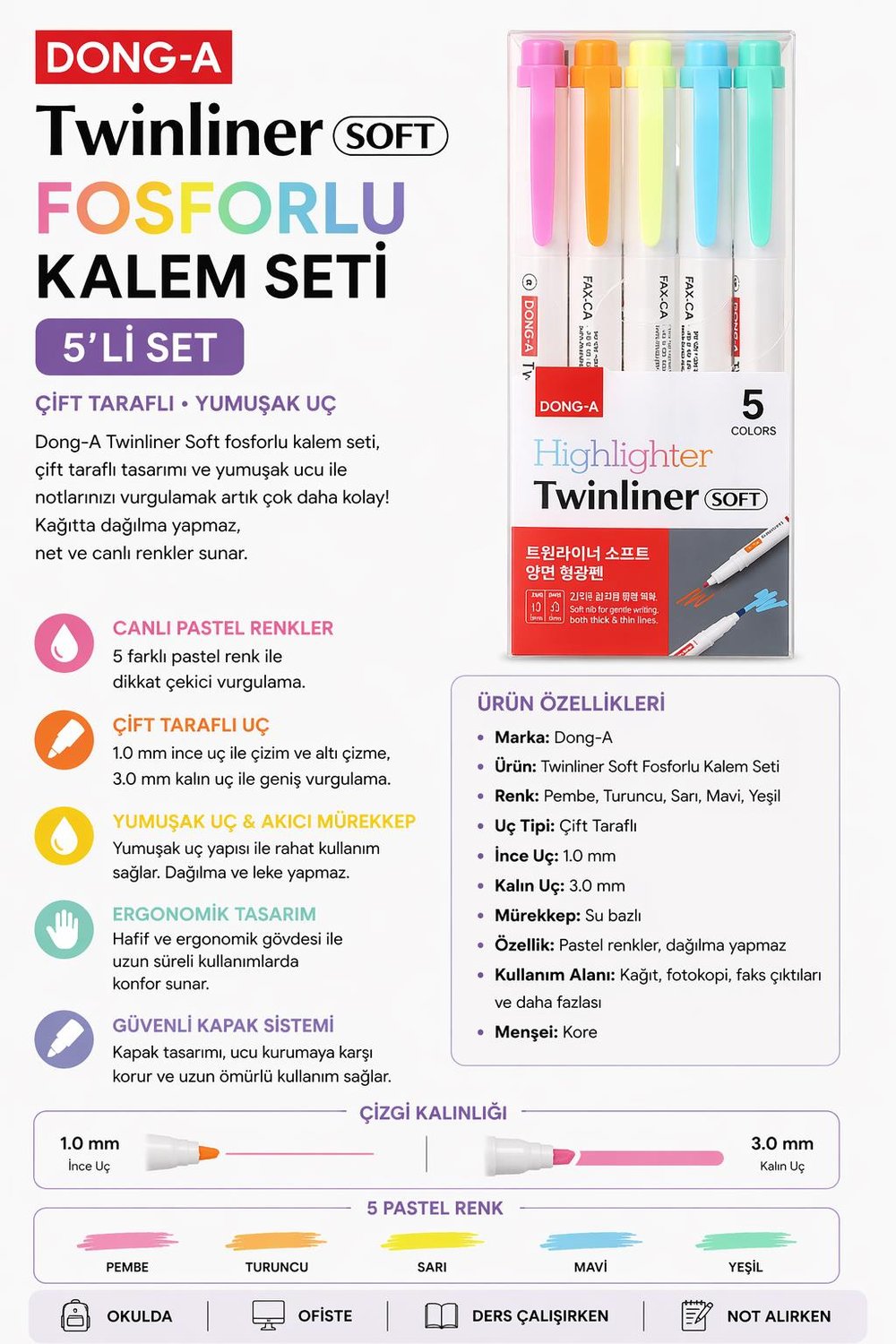 Dong-A Twinliner Soft Fosforlu Kalem Çift Taraflı 5 li Set