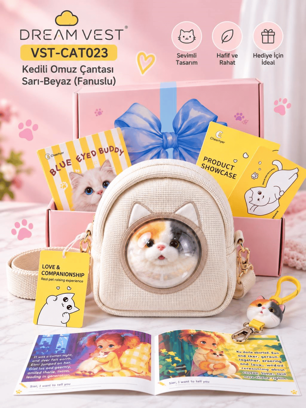 Dream Vest Kedili Omuz Çantası Sarı-Beyaz (Fanuslu) VST-CAT023