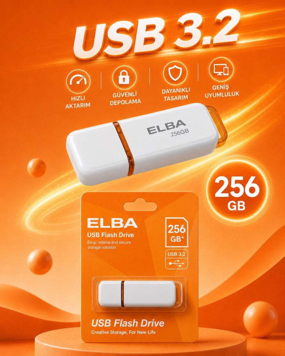 Elba 256GB USB 3.2 Flash Bellek – Beyaz/Turuncu
