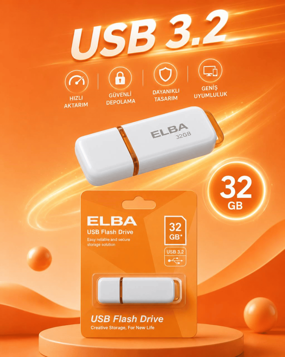 Elba 32GB Plastik Beyaz-Turuncu 3.2 USB Flash Bellek