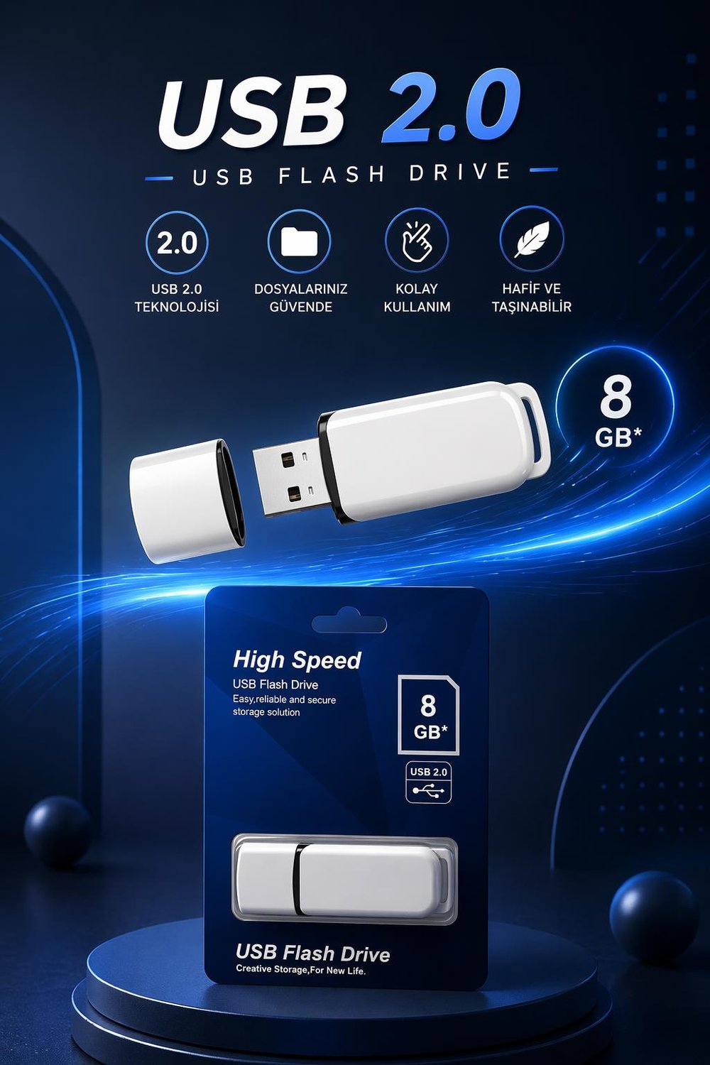 Elba 8GB USB 2.0 Plastik Flash Bellek (Beyaz-Mavi)