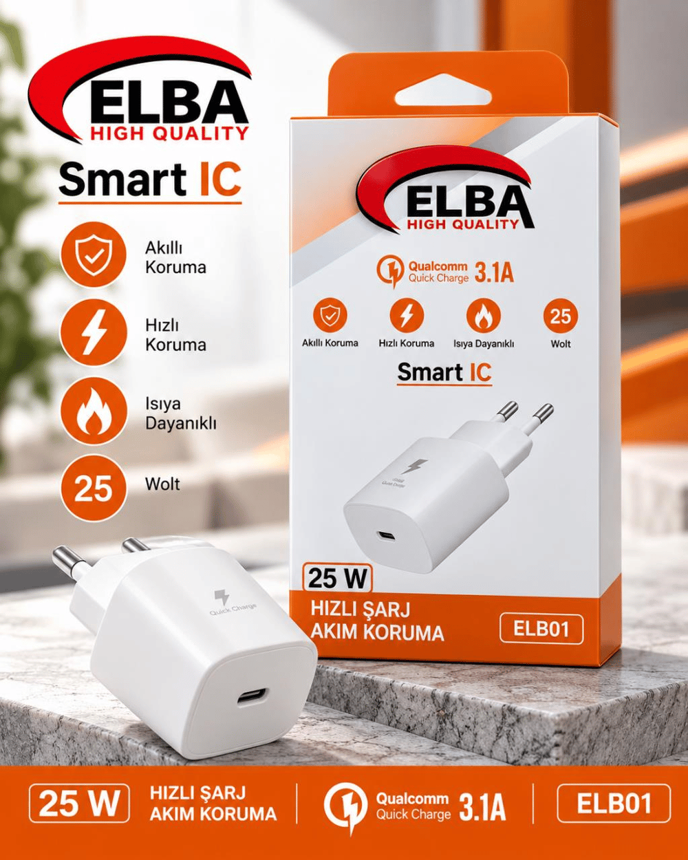 Elba ELB01-25WPD Beyaz 25W Şarj Kafa Type USB-C PD3.0/QC4.0(Akım Koruma/Hızlı Şarj/Isıya Dayanıklı)