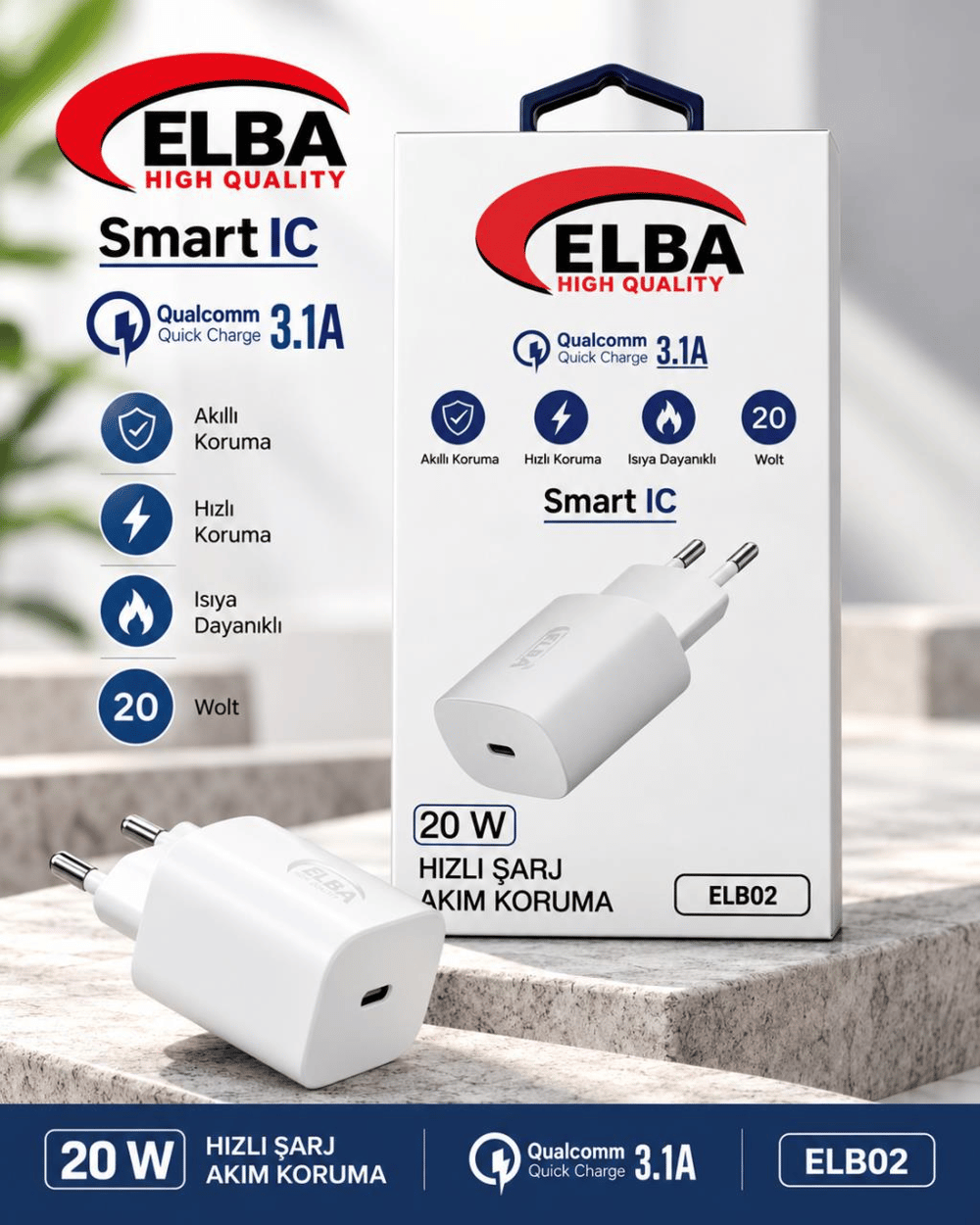 Elba ELB02-20WPD Beyaz 20W USB-C Şarj Cihazı PD 3.0/QC4.0(Akıllı Koruma/Hızlı Şarj/Isıya Dayanıklı)
