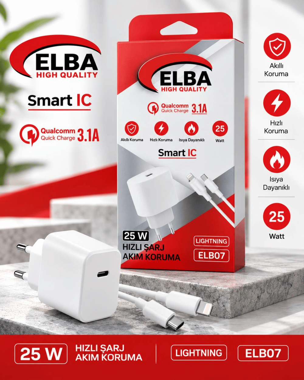 Elba ELB07-USB-25WIOS Beyaz 25W Usb Ev Şarj Kafa+ Usb 1mt Lightning Kablo QC4.0 Hızlı Şarj