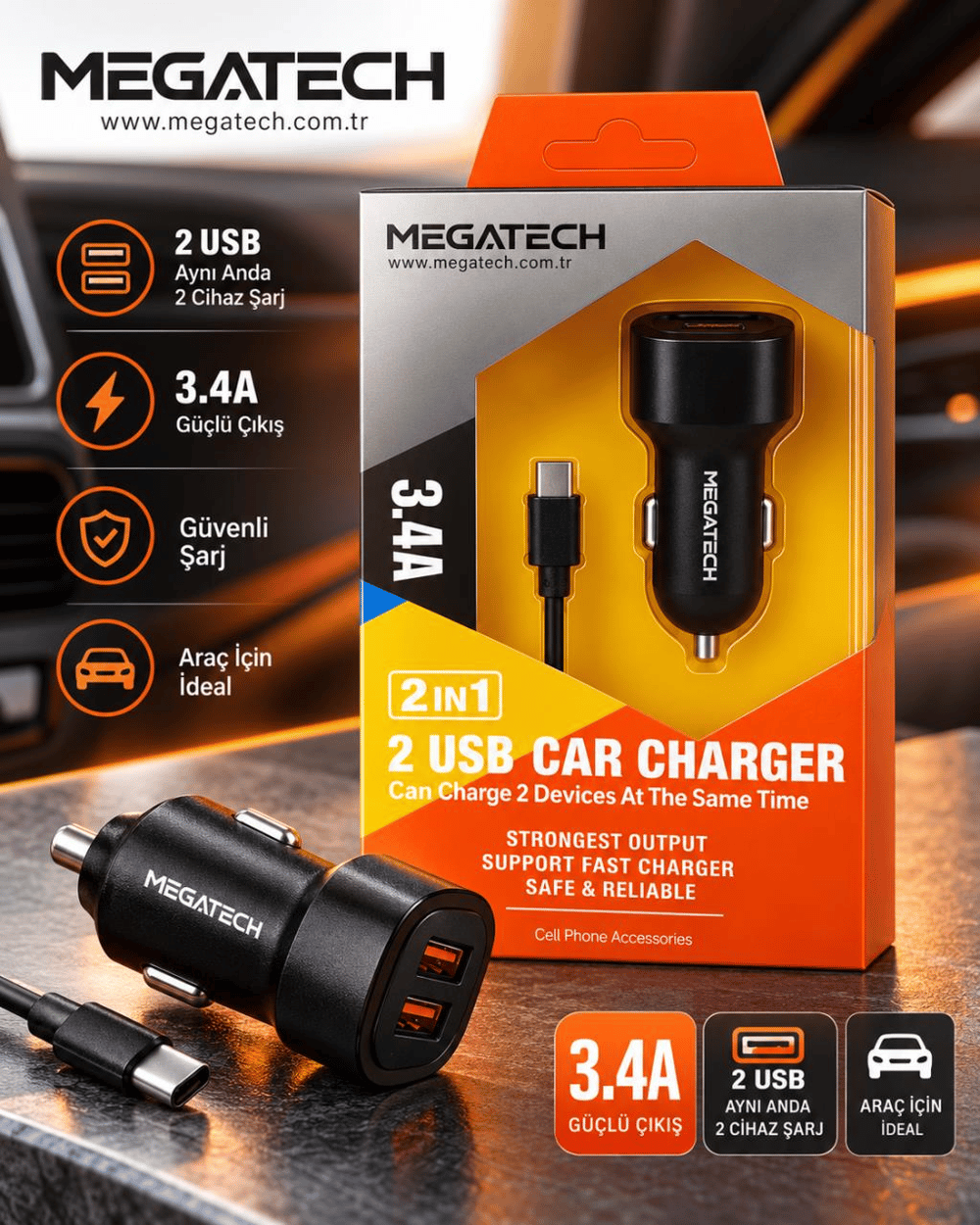 Elba ELB29 MEGATECH 2 in 1 USB Araç Şarj Cihazı – 3.4A Çift USB Hızlı Şarj