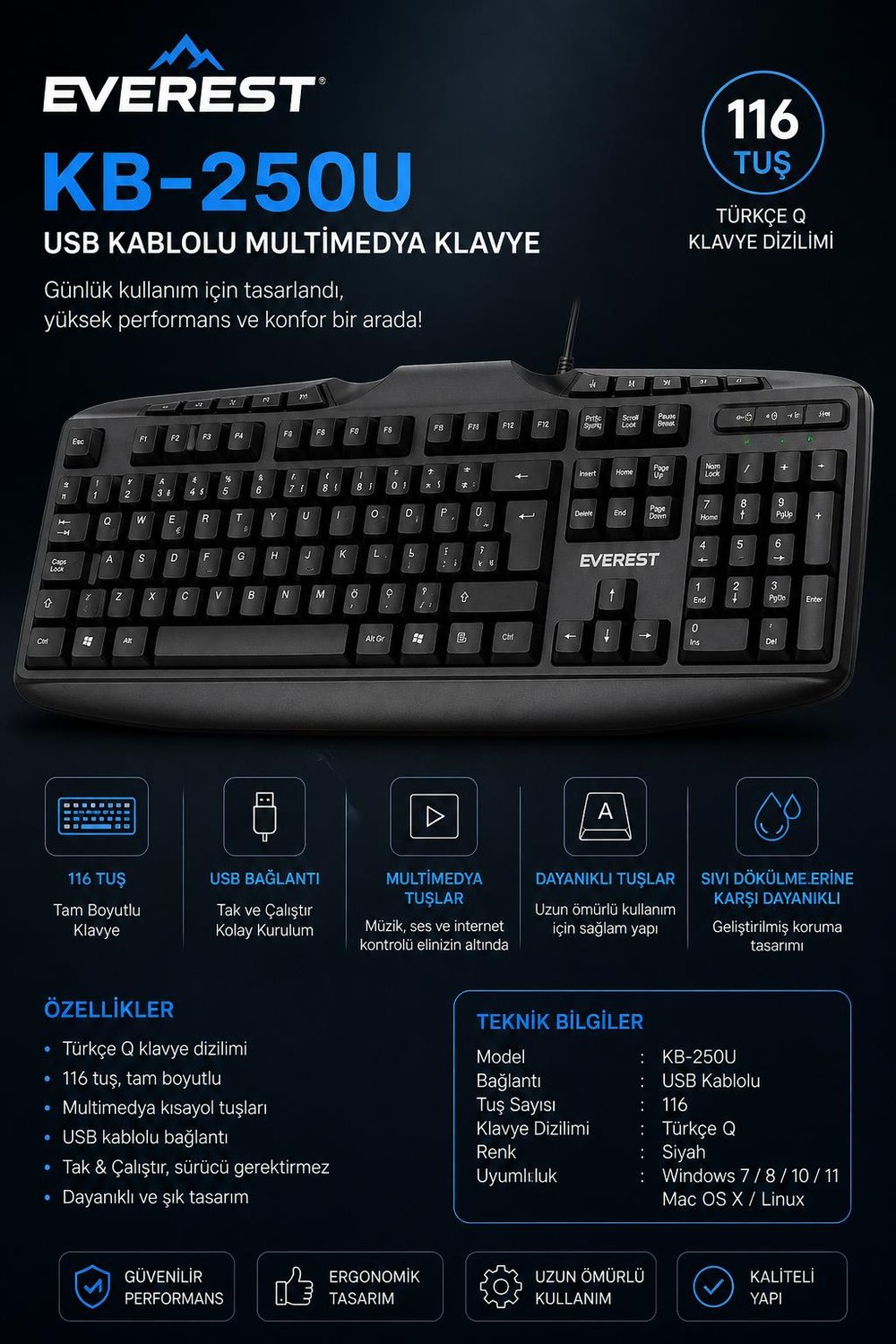 Everest KB-250U Siyah Q Usb Kablolu Multimedya 116 Tuşlu Klavye