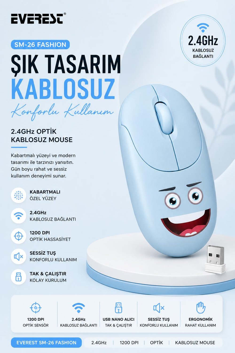 Everest SM-26 FASHION 2.4Ghz Mavi Kabartmalı Kablosuz Mouse