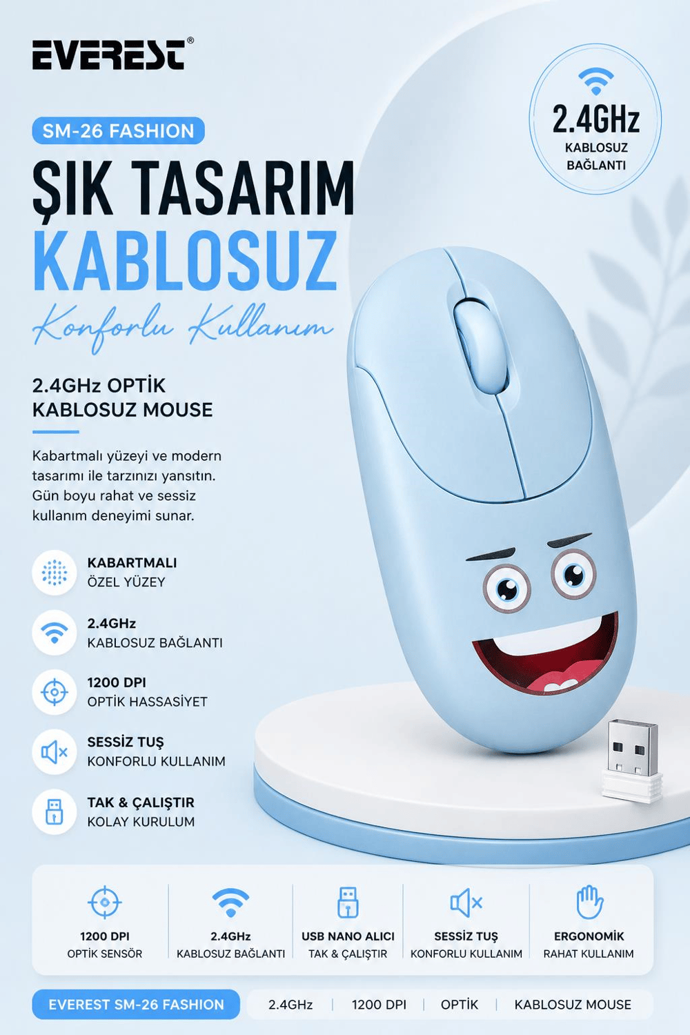 Everest SM-26 FASHION 2.4Ghz Mavi Kabartmalı Kablosuz Mouse