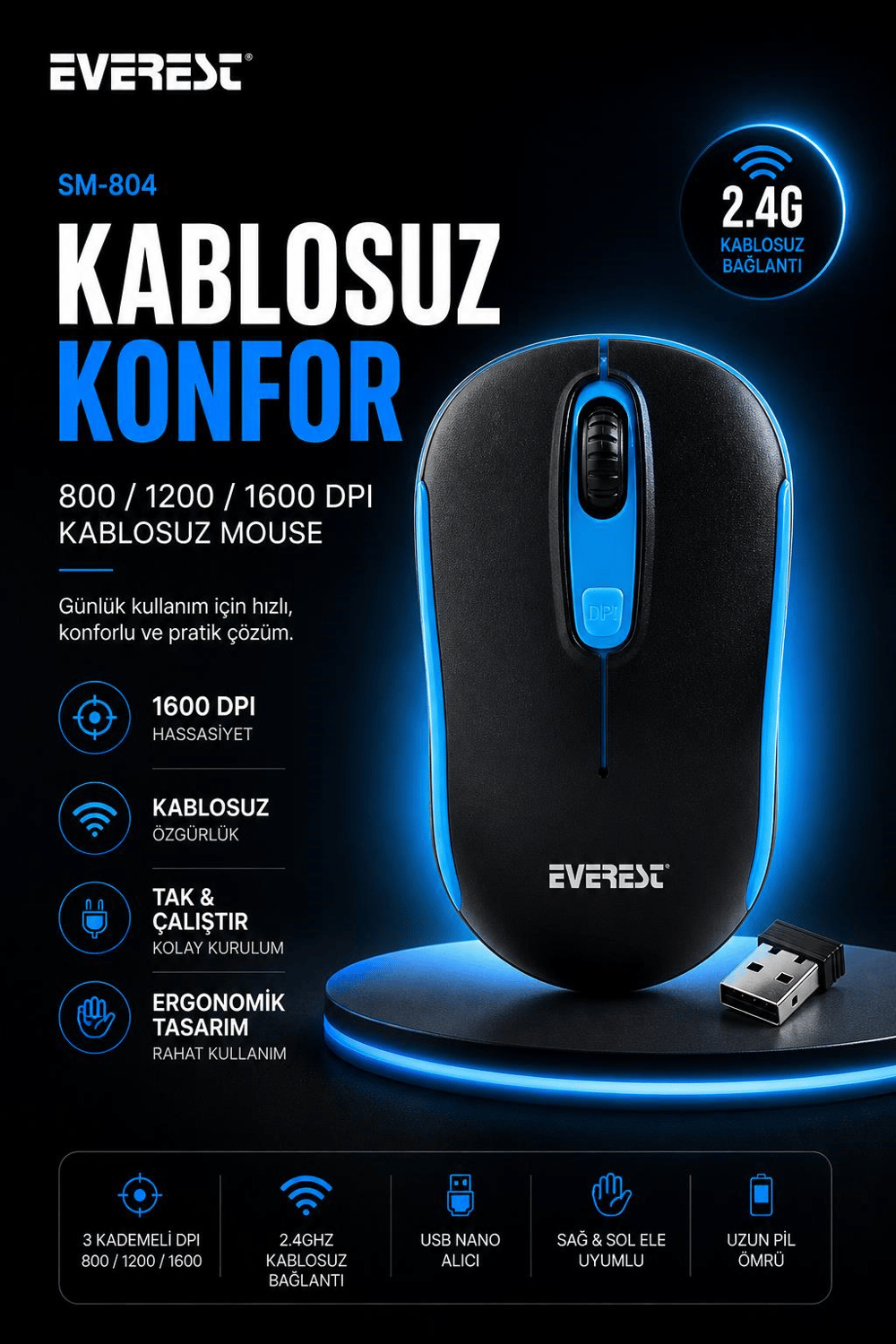 Everest SM-804 Usb Siyah/Mavi 800/1200/1600dpi Kablosuz Mouse