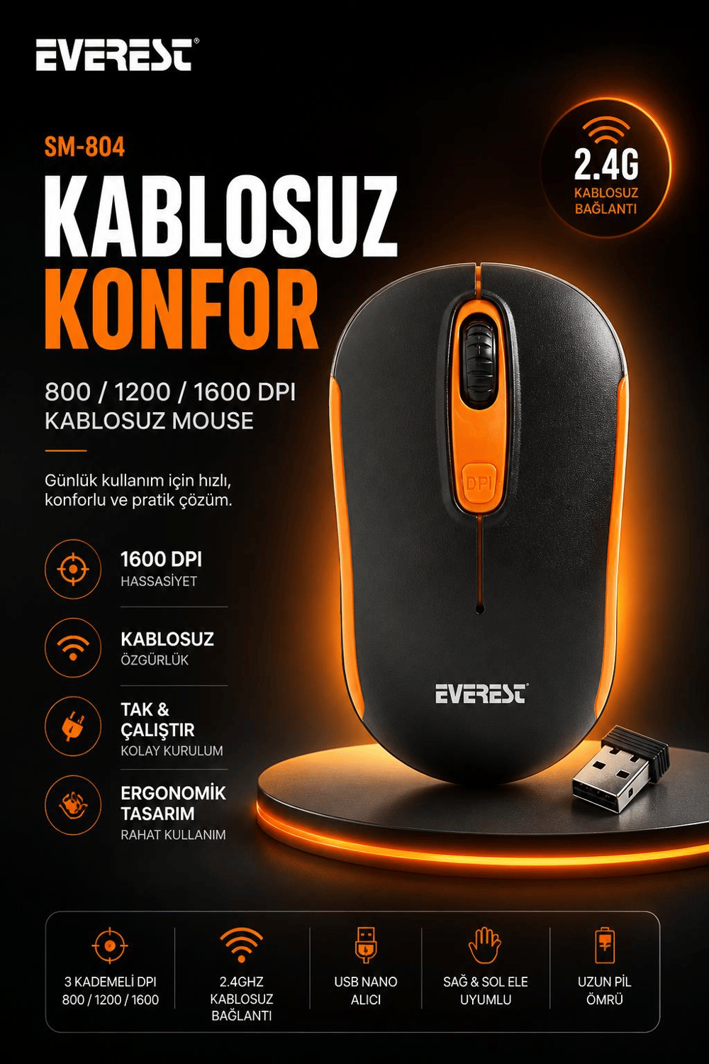 Everest SM-804 Usb Siyah/Turuncu 800/1200/1600dpi Kablosuz Mouse