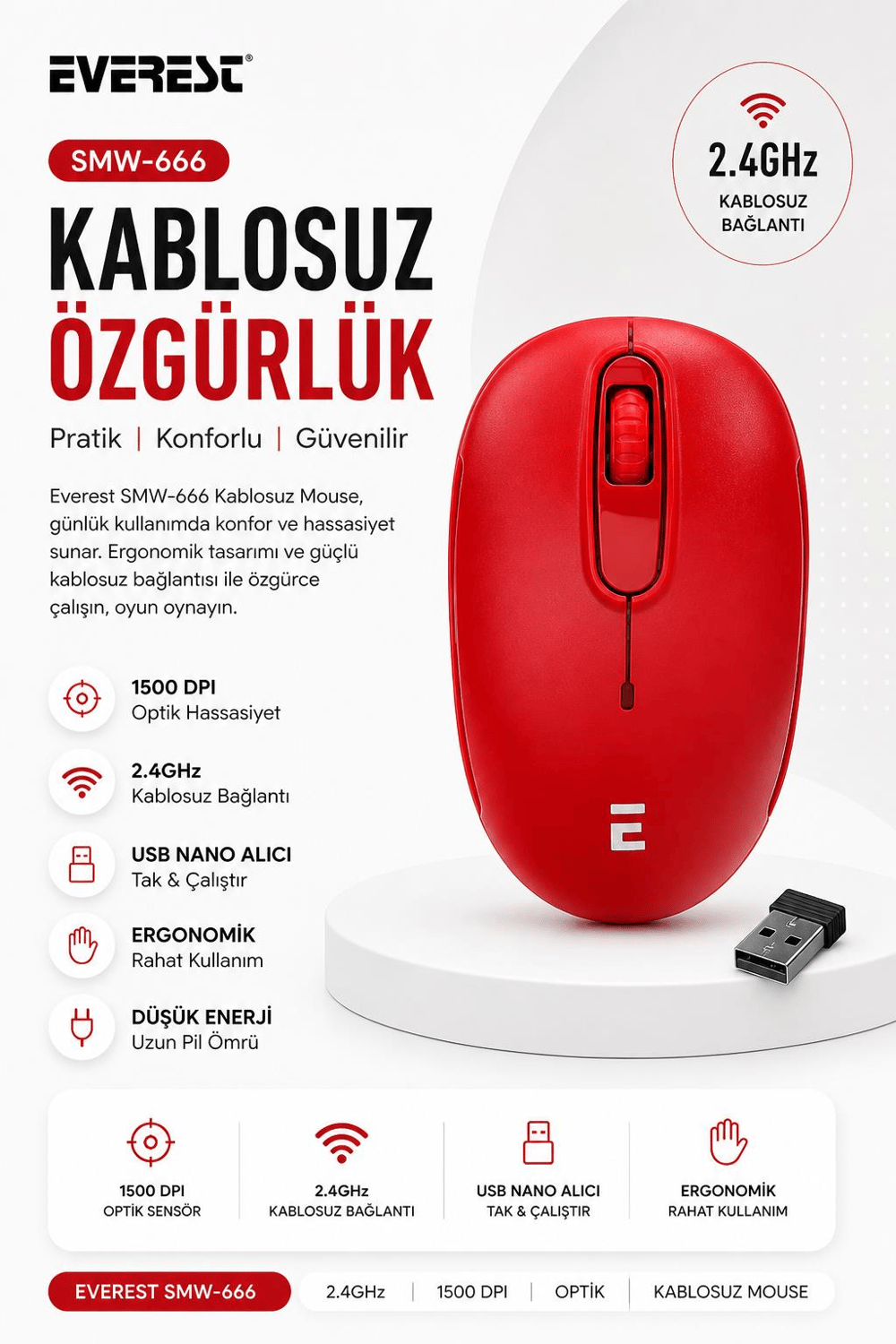 Everest SMW-666 Kırmızı USB 2.4 GHZ Optik Kablosuz Mouse 1500Dpı