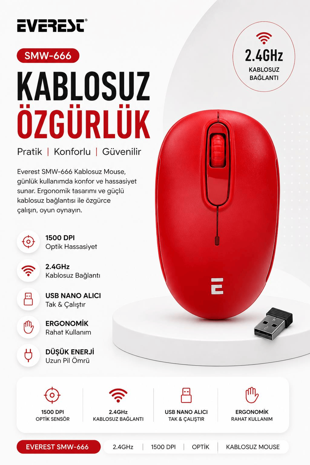 Everest SMW-666 Kırmızı USB 2.4 GHZ Optik Kablosuz Mouse 1500Dpı
