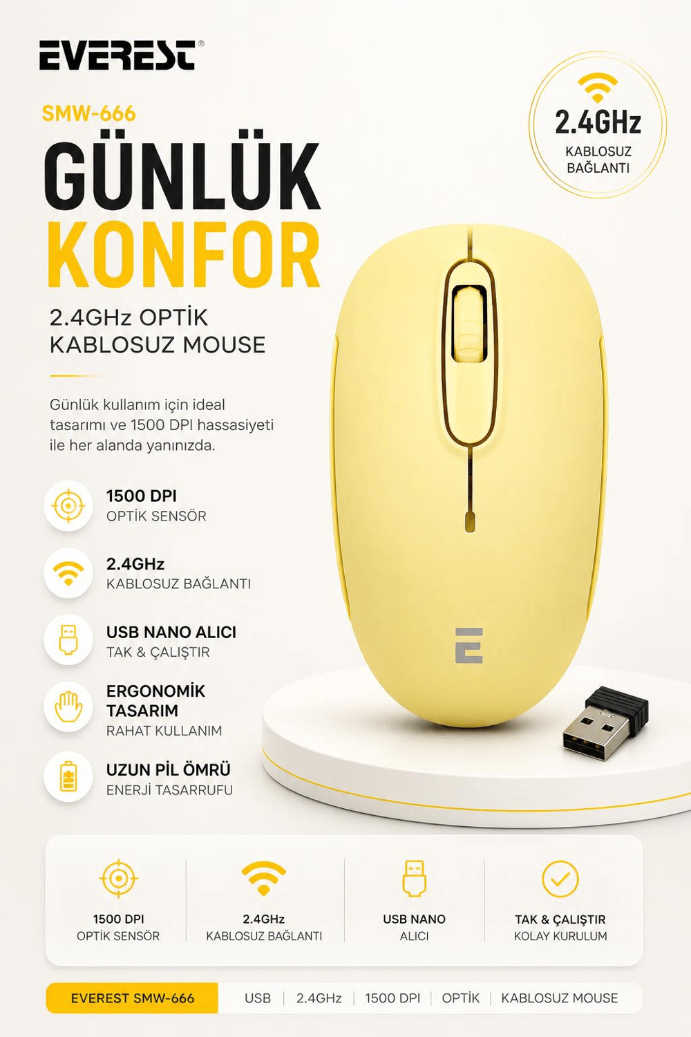 Everest SMW-666 USB Sarı 2.4 GHZ Optik Kablosuz Mouse 1500Dpı