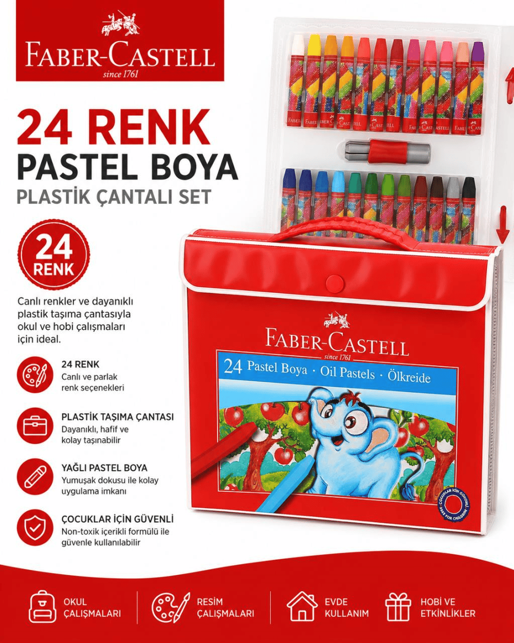 Faber Castell 24 Renk Plastik Çantalı Tutuculu Pastel Boya