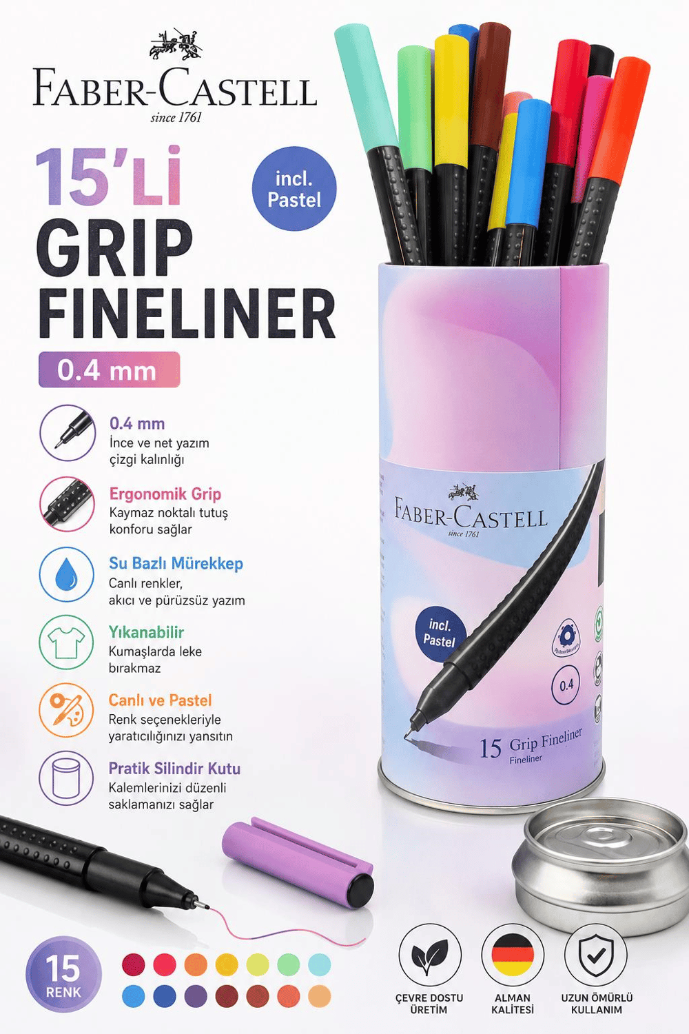 Faber Castell Fineliner Grip 0.4mm 15'li Silindir Kutu