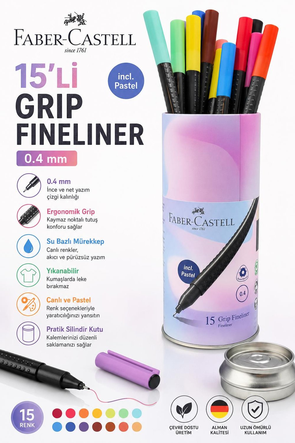 Faber Castell Fineliner Grip 0.4mm 15'li Silindir Kutu