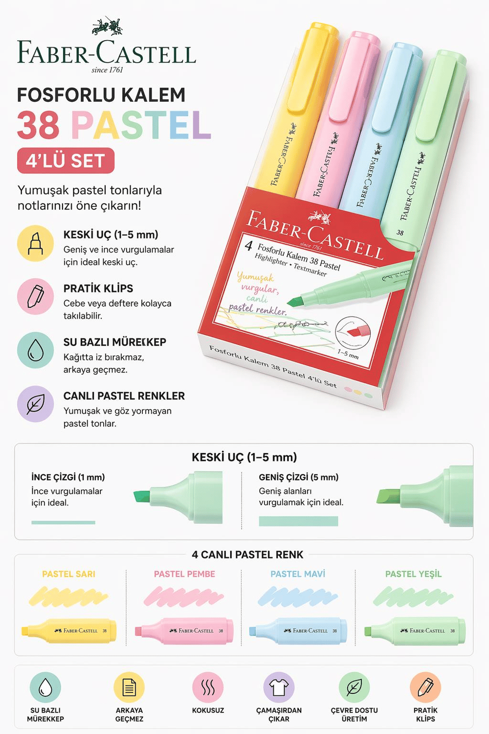 Faber Castell Fosforlu Kalem 38 Pastel 4'lü Set