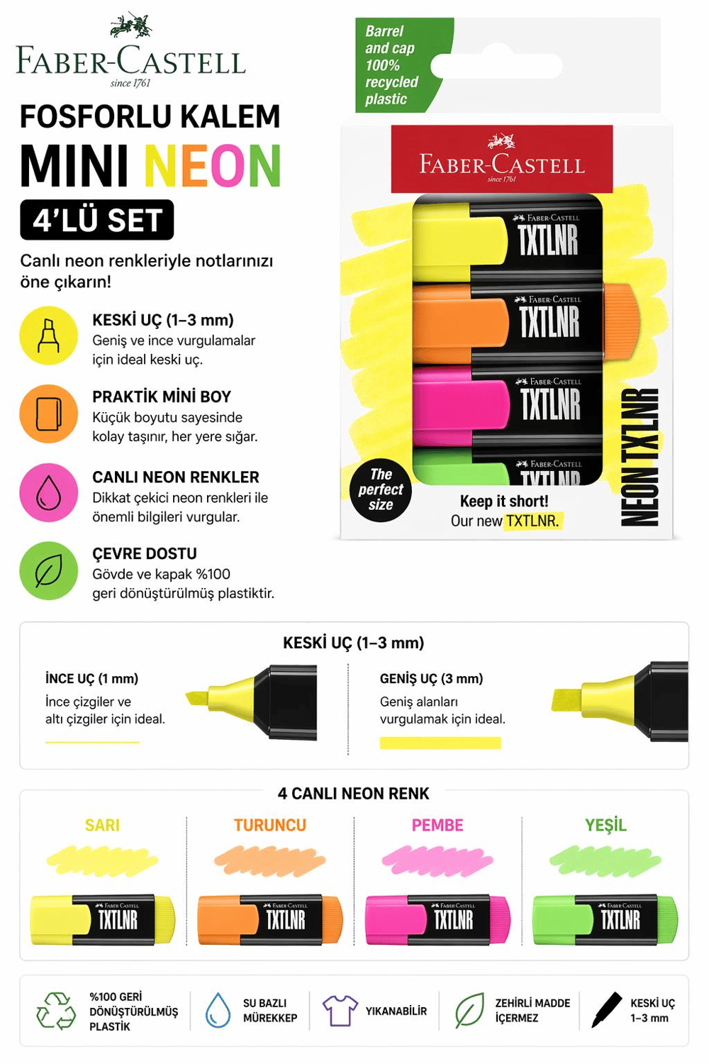Faber Castell Fosforlu Kalem Mini Neon 4'lü Set - 154204