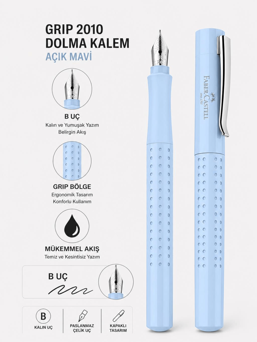 Faber Castell Grip 2010 Dolma Kalem B Uç Açık Mavi 