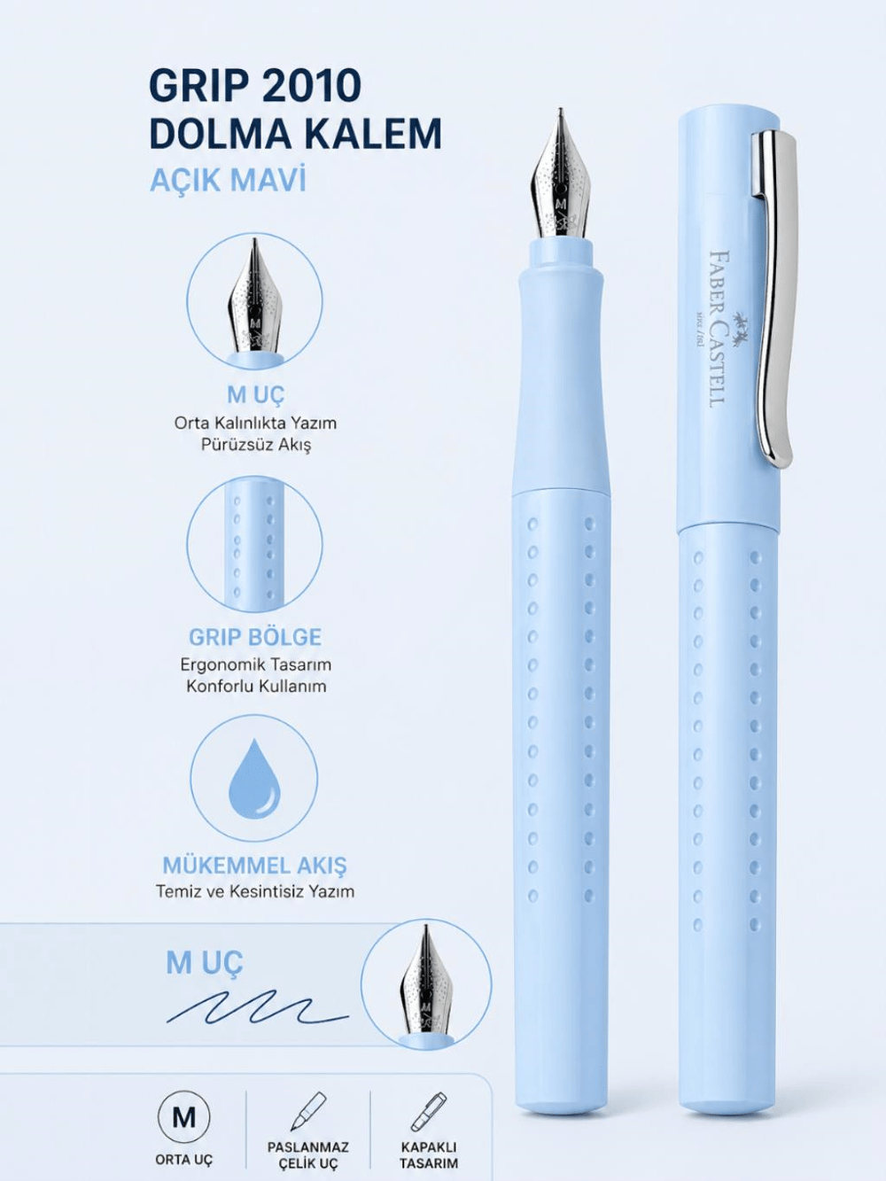 Faber Castell Grip 2010 Dolma Kalem M Uç Açık Mavi 