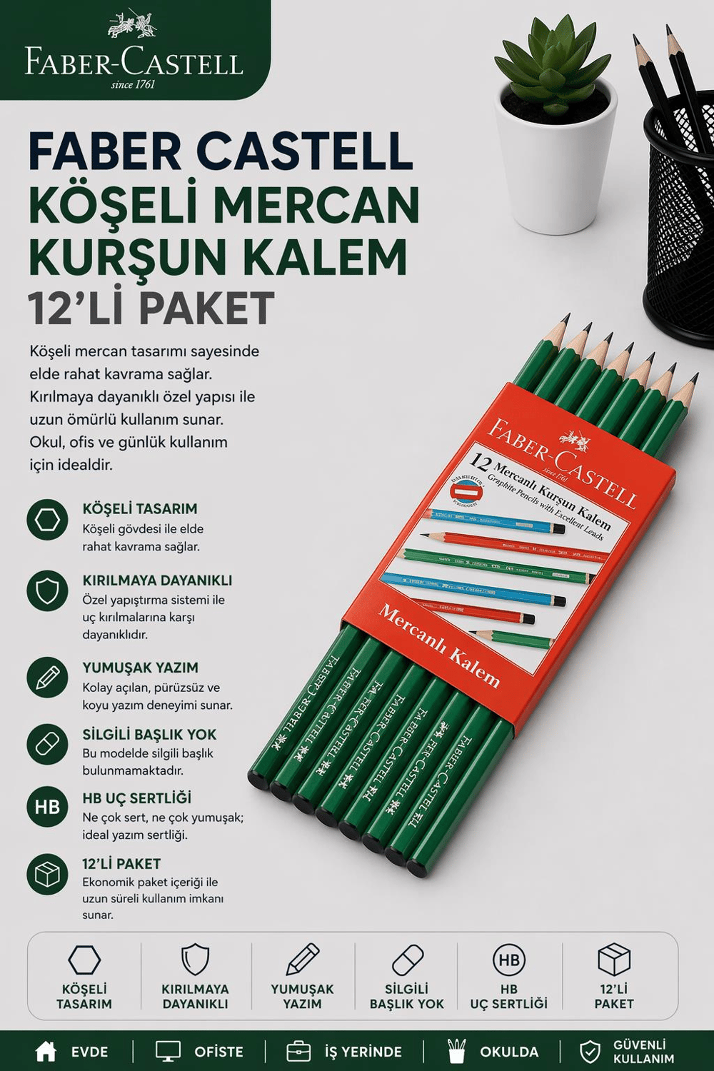 Faber Castell Köşeli Mercan Kurşun Kalem - 12'li Paket