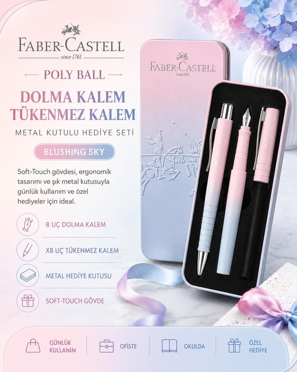 Faber Castell Poly Ball Blushing Sky Dolma Kalem ve Tükenmez Kalem Hediye Seti